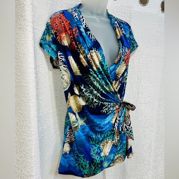 Gorgeous NWT Vintage Cache Wrap Top L Beach Ocean Reef Seashell Seashells - Picture 3 of 11